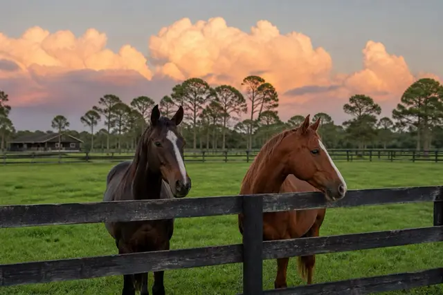 Two horses at a board fence on reclaimed pasture at sunset in Loxahatchee