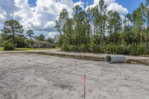 Acreage homesite mid-clear with smooth pale sand and surveyor stakes in front, standing pine and palmetto behind